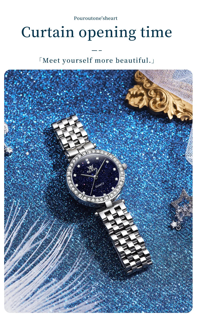 OLEVS 3641 Womens Watch Elegant Simple Quartz Watch Zircon Scale Waterproof Luminous Starry Dial Ladies Watch Gifts Original