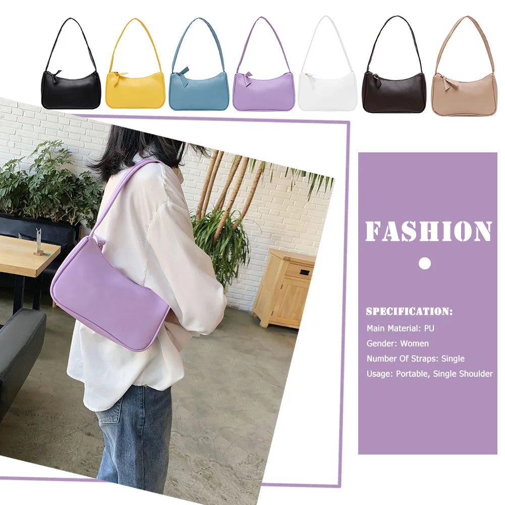 Retro Soft PU Leather Women Shoulder Underarm Bags Casual Solid Color Small Top-Handle Handbags Ladies Fashion Shoulder Bags