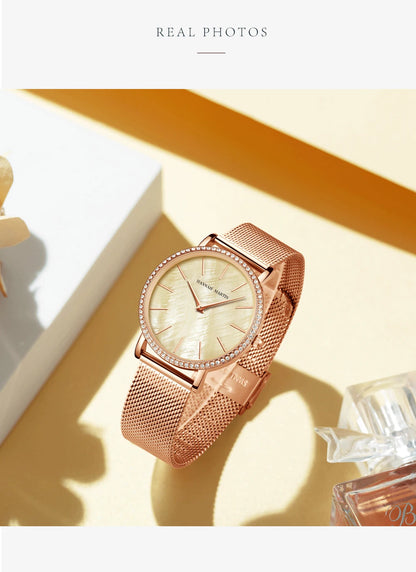 Luxury Women Watch Japanese Quartz Movement Shell Dial Rhinestone Stainless Steel Fashion Gift Box Waterproof Ladies Wristwatch