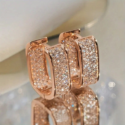 Luxury Full of Zircon Shiny Geometric Square Hoop Earrings for Women Temperament Gold Color Stainless Steel Korea Jewelry Gift