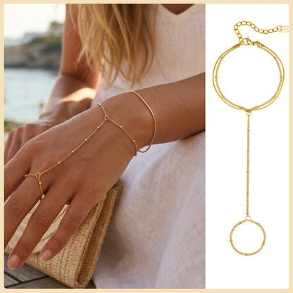 Stainless Steel Hand Chain Ring Bracelet for Women, Adjustable Gold Plated Double Layer Finger Bracelets Summer Party Jewelry