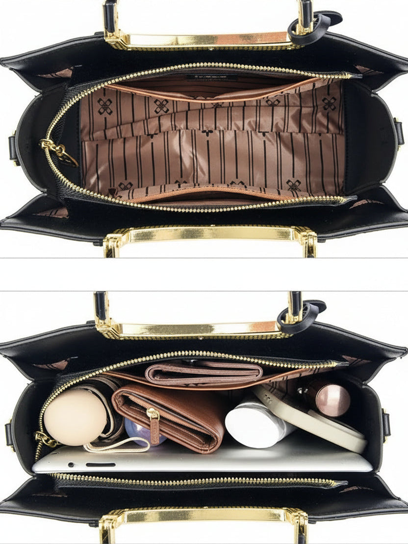 Black handbag with gold accents shown open, displaying its interior and capacity.