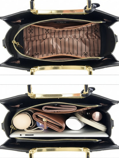 Black handbag with gold accents shown open, displaying its interior and capacity.