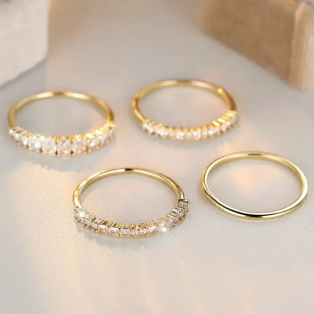 4PCS/Set Latest Brand Design Creative Simple Fashion Stackable Jewelry 14K Gold Plated White Zircon Ring Set Romantic Bridal Eng