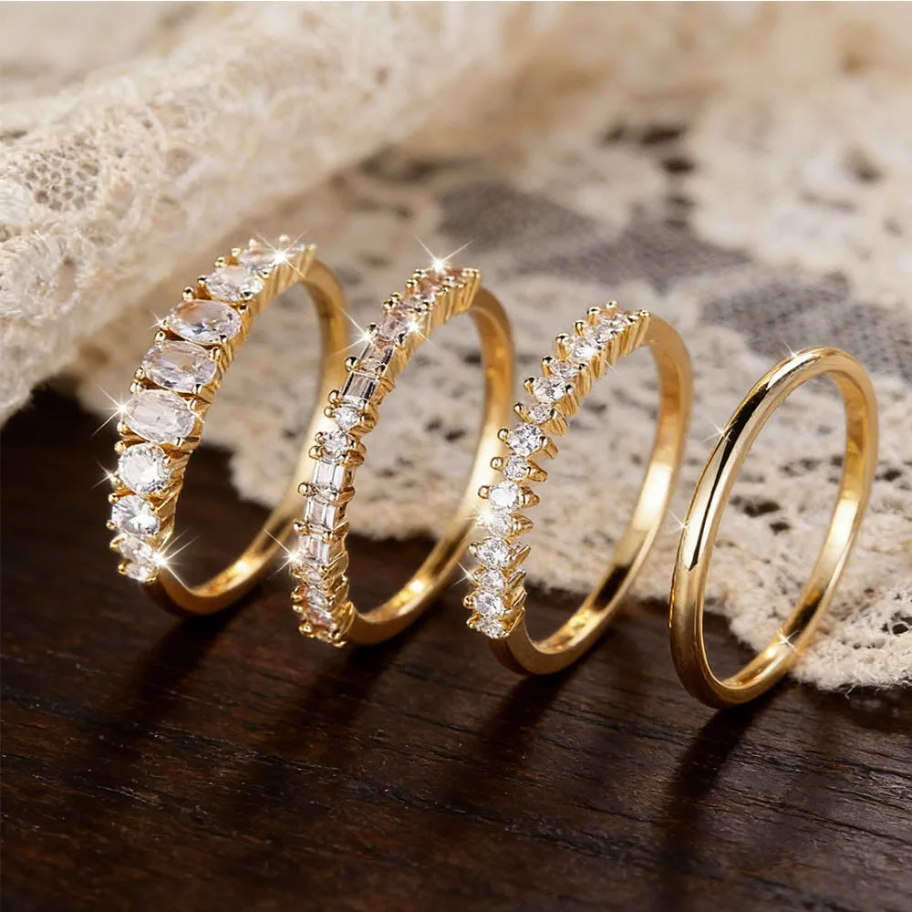 4PCS/Set Latest Brand Design Creative Simple Fashion Stackable Jewelry 14K Gold Plated White Zircon Ring Set Romantic Bridal Eng