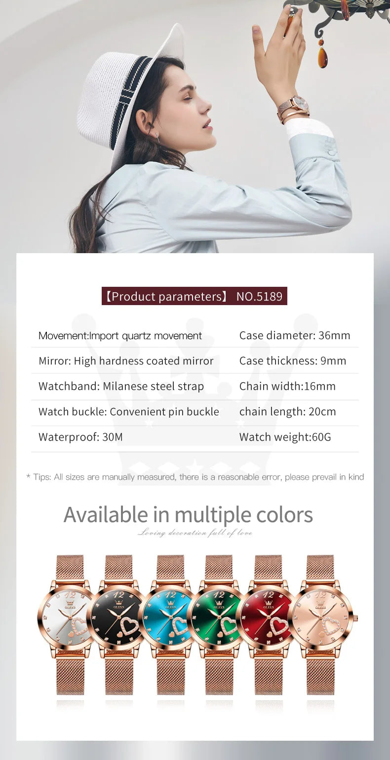 OLEVS 5189 Women's Watch Quartz Wristwatch Casual Fashion Watch for Ladies Waterproof Luminous Mesh Belt Love Dial Zircon Scale
