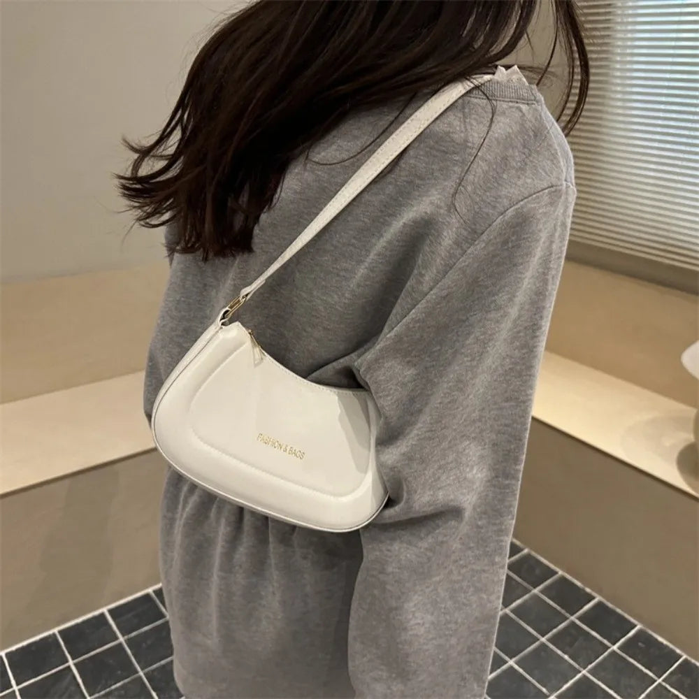 New PU Leather Shoulder Bag Large Capacity Moon-shaped Underarm Bag Solid Color Tote Handbag Women