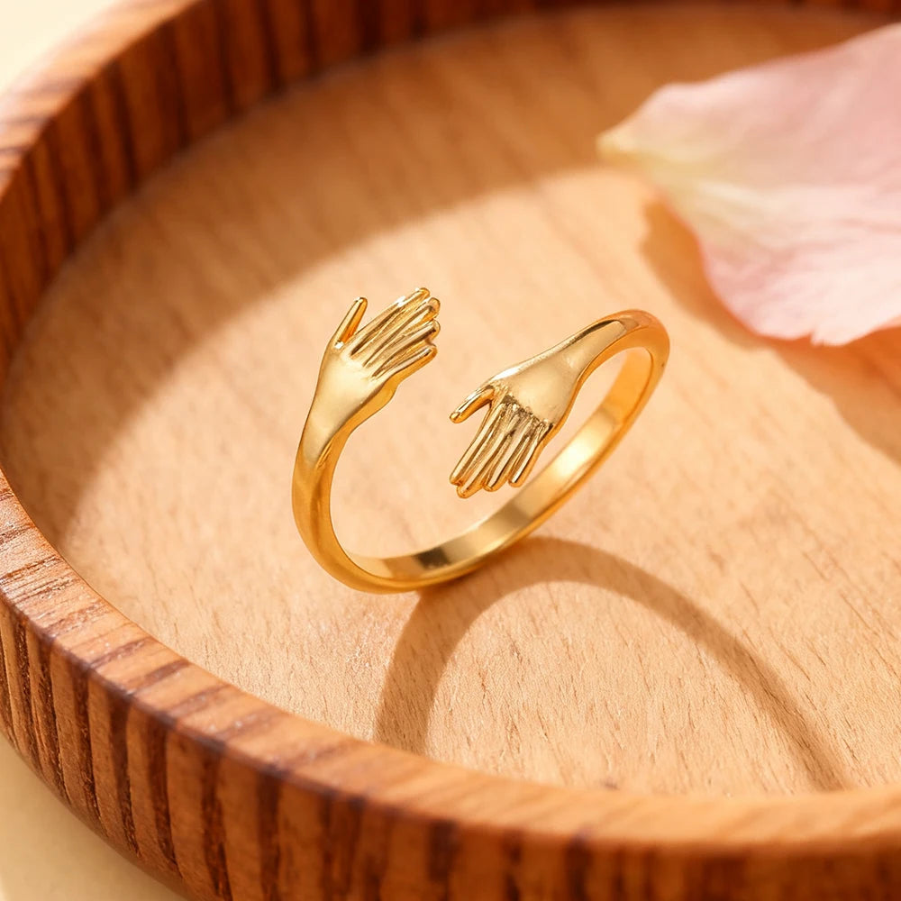 EUEAVAN 1pc Vintage Stainless Steel Hug Hands Ring for Women Adjustable Finger Rings Lover Friend Party Jewelry Gifts