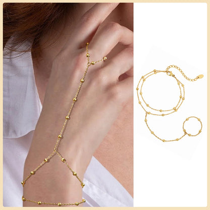 Stainless Steel Hand Chain Ring Bracelet for Women, Adjustable Gold Plated Double Layer Finger Bracelets Summer Party Jewelry