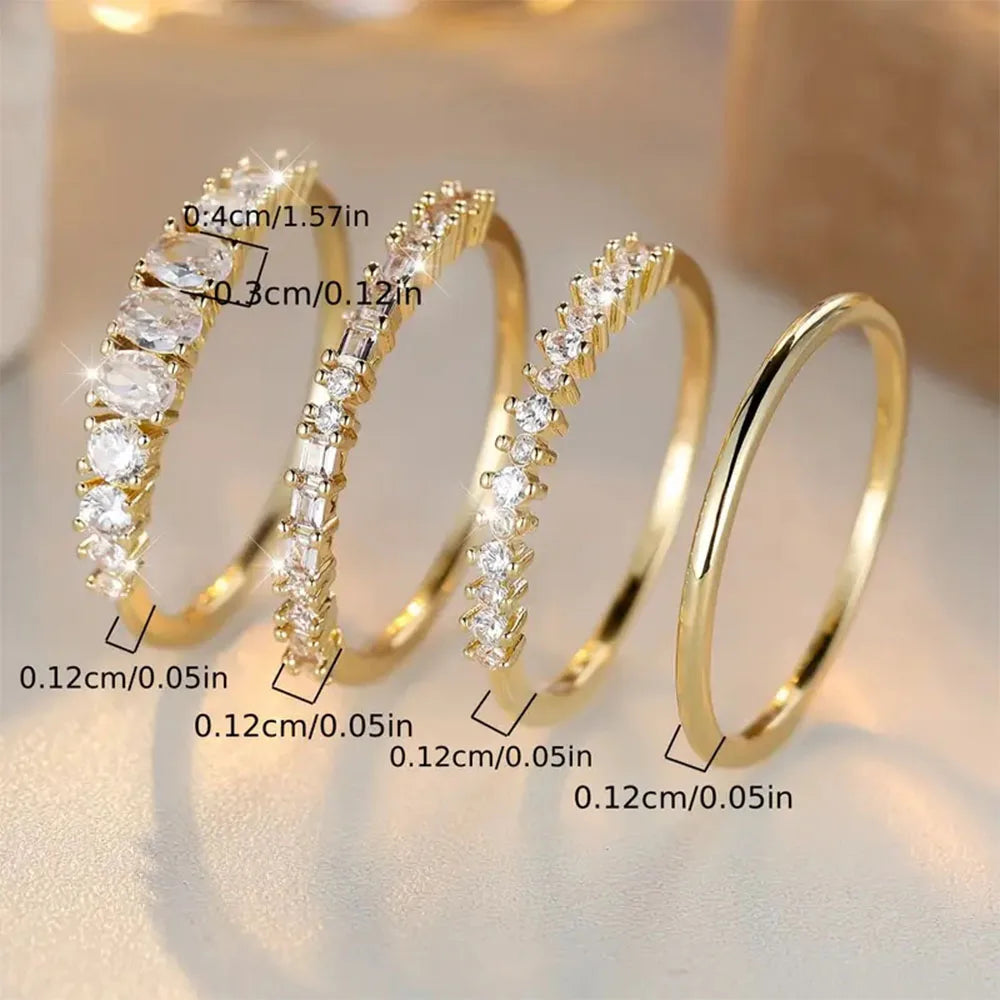 4PCS/Set Latest Brand Design Creative Simple Fashion Stackable Jewelry 14K Gold Plated White Zircon Ring Set Romantic Bridal Eng