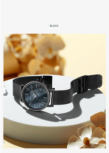 Luxury Women Watch Japanese Quartz Movement Shell Dial Rhinestone Stainless Steel Fashion Gift Box Waterproof Ladies Wristwatch