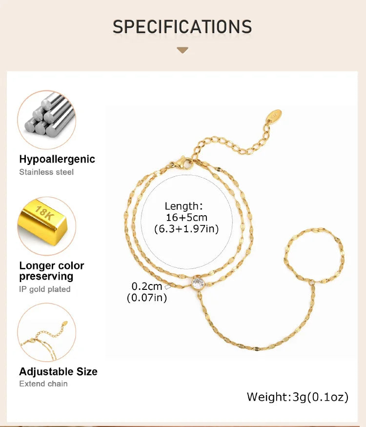 Stainless Steel Hand Chain Ring Bracelet for Women, Adjustable Gold Plated Double Layer Finger Bracelets Summer Party Jewelry