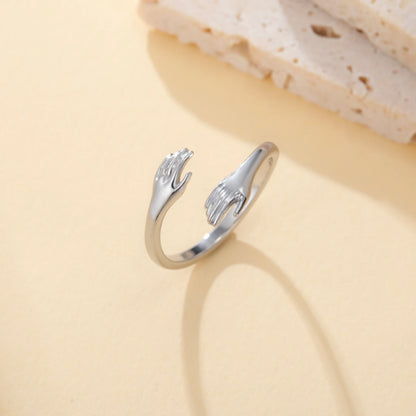 EUEAVAN 1pc Vintage Stainless Steel Hug Hands Ring for Women Adjustable Finger Rings Lover Friend Party Jewelry Gifts