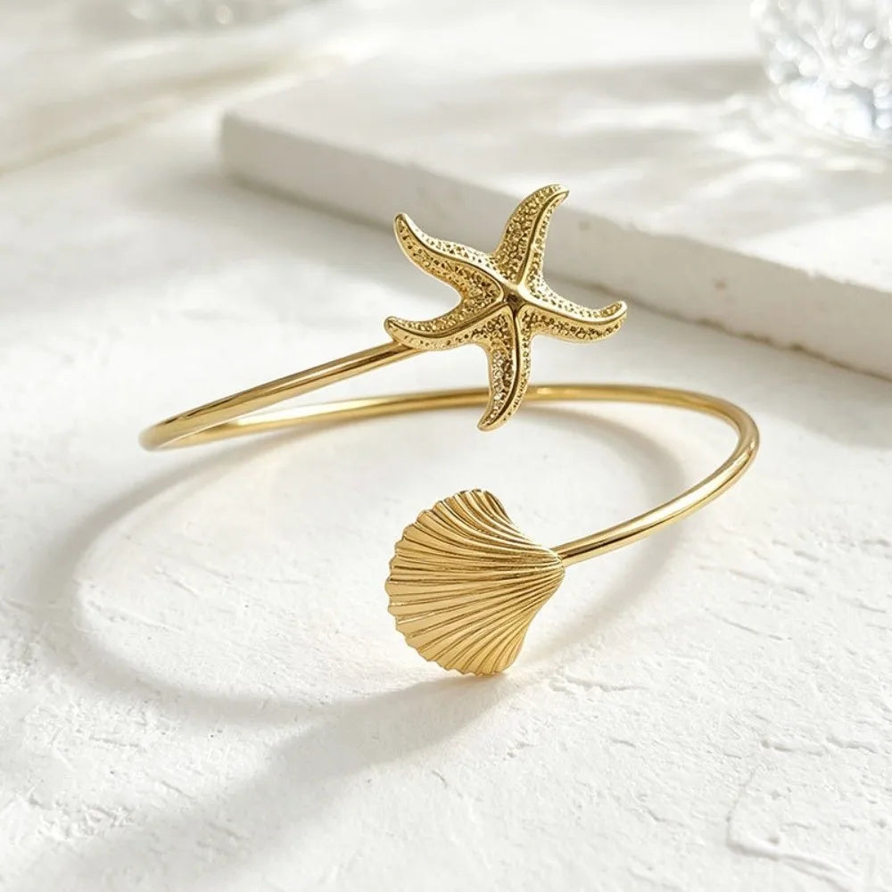 New Ocean Style Upper Arm Cuff Bracelet Starfish Metal Cuff Arm Ring Spiral Design Gold Color Open Cuff Armlet Women