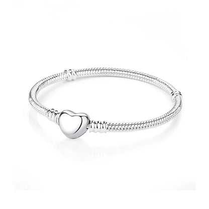Original 925 Sterling Silver Bracelets Bangles Love Heart Clip Charms Beads Snake Chains For Women Rose Gold DIY Luxury Jewelry