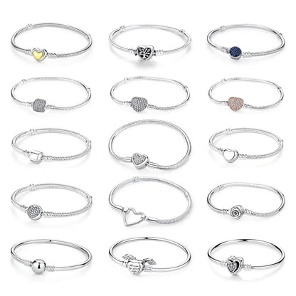 Original 925 Sterling Silver Bracelets Bangles Love Heart Clip Charms Beads Snake Chains For Women Rose Gold DIY Luxury Jewelry