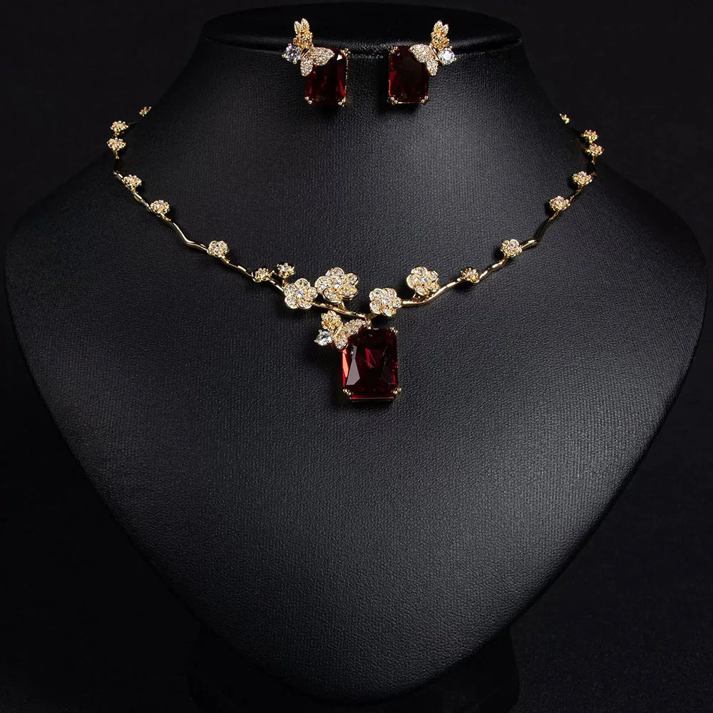 Fashion Square Cut Cubic Zirconia Leaf Flower Jewelry Set for Women White Gold Color Bridal Wedding Party Necklace S-337