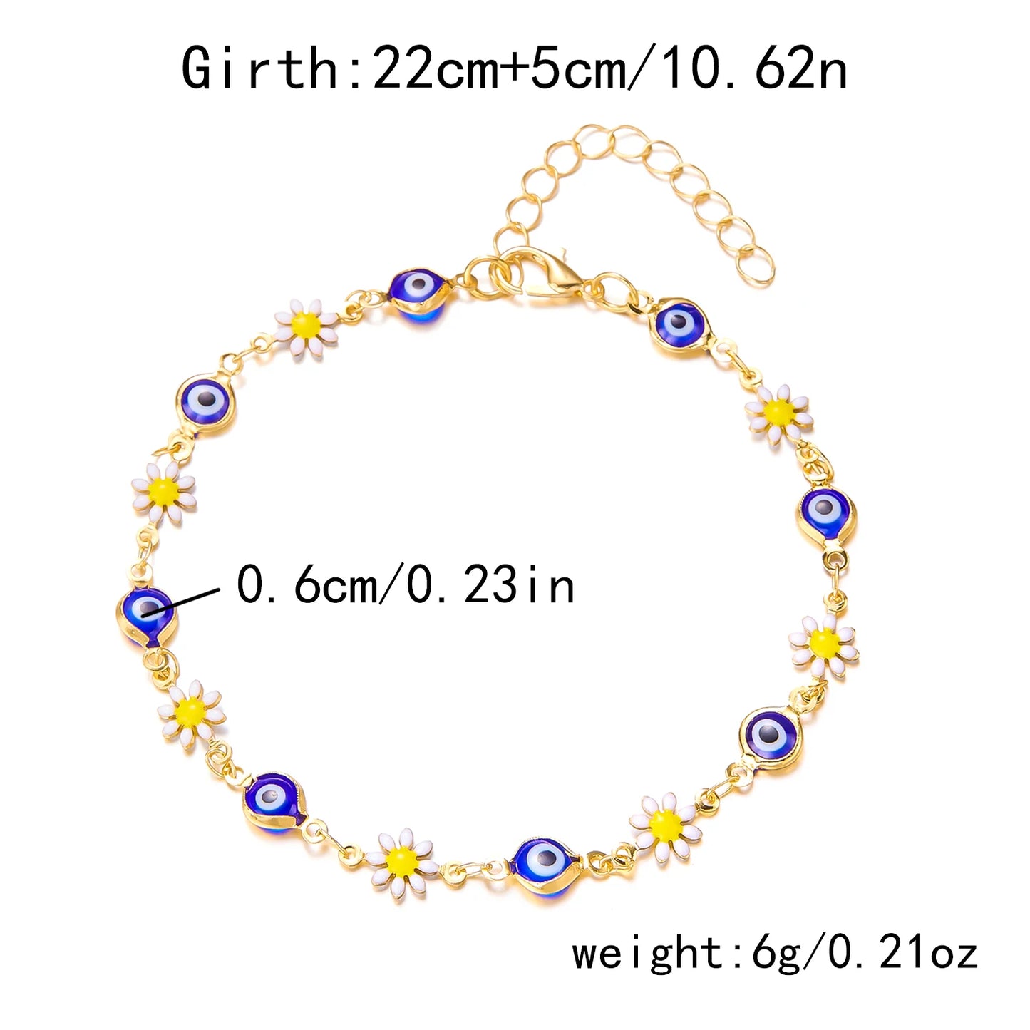 Vintage Enamel Daisy Flower Anklets for Women Turkish Blue Evil Eye Ankle On the Leg Bracelet Summer Beach Travel Jewelry Gift