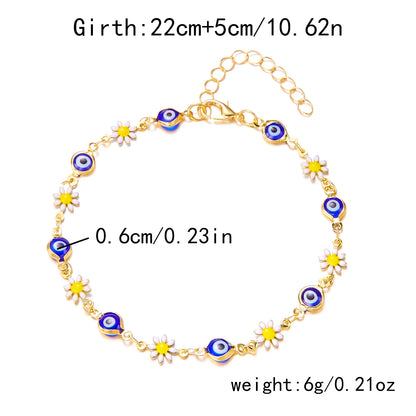 Vintage Enamel Daisy Flower Anklets for Women Turkish Blue Evil Eye Ankle On the Leg Bracelet Summer Beach Travel Jewelry Gift