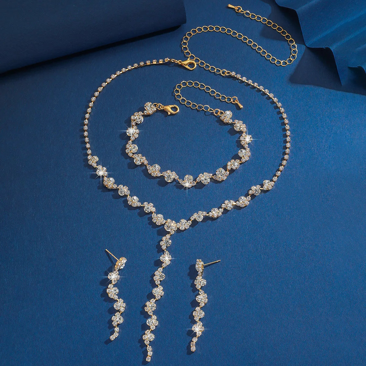 Glam Crystal Tassel Jewelry Set 4Pcs Gold-Plated Choker Necklace Earrings Bracelet for Women Party Wedding Evening Fashion