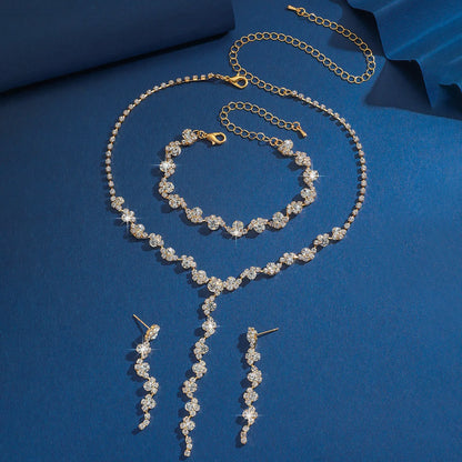 Glam Crystal Tassel Jewelry Set 4Pcs Gold-Plated Choker Necklace Earrings Bracelet for Women Party Wedding Evening Fashion