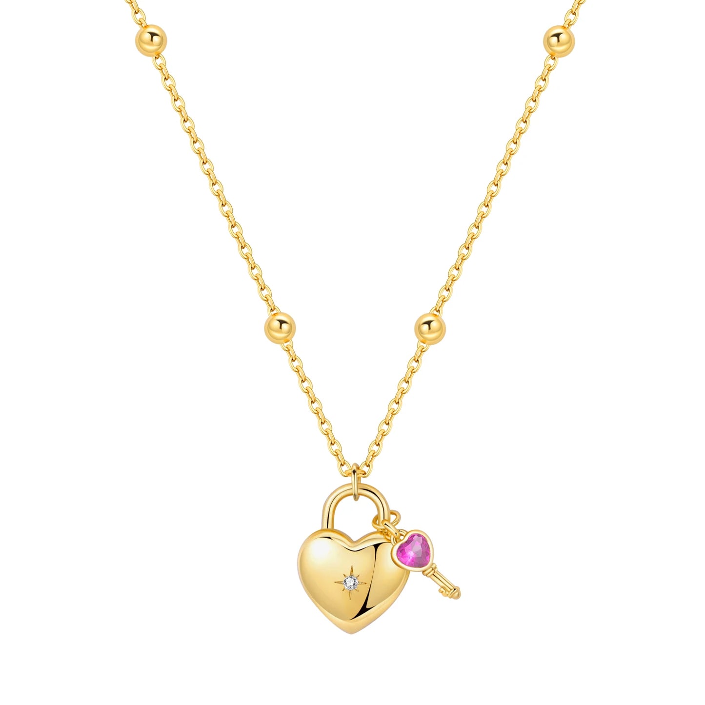PANPOKI 925 Sterling Silver 18K Gold Heart-shaped Lock Key Necklace Pendant Necklace for Women Birthday Gifts Wedding Jewelry