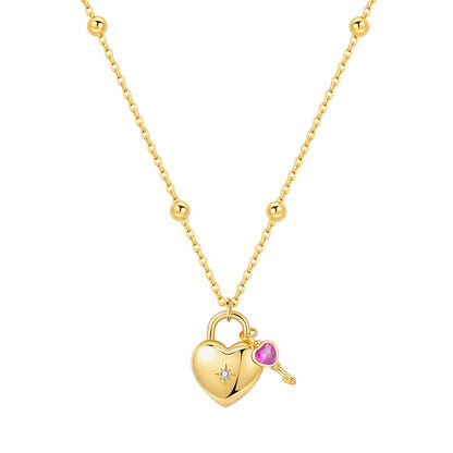 PANPOKI 925 Sterling Silver 18K Gold Heart-shaped Lock Key Necklace Pendant Necklace for Women Birthday Gifts Wedding Jewelry