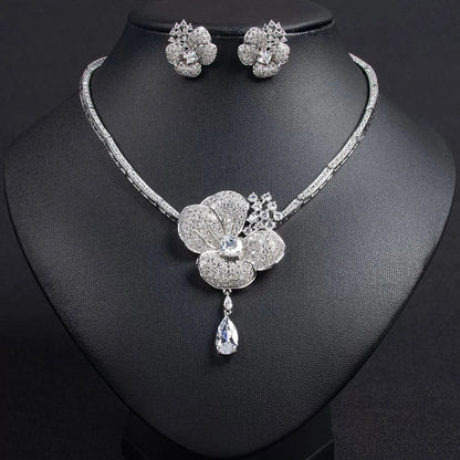 Cubic Zircon Crystal White Flower Women Choker Necklace and Earrings Bridal Jewelry Set for Wedding Dress Accessories S-338