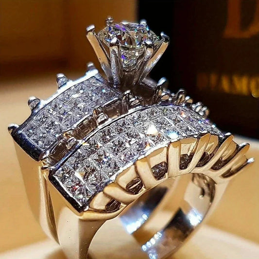 2pcs/set Fashionable Luxury Sparkling Synthetic Zircon Couple Rings Women's Stacked Rings Wedding Engagement Jewelry