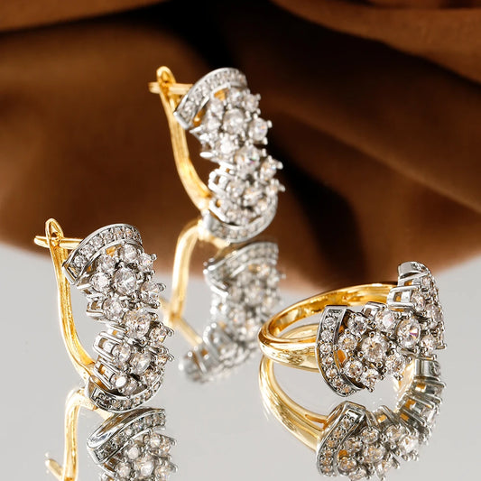 Shiny inlaid zircon earrings ring for women retro fashion jewelry copper plated 14K gold luxury banquet holiday gift jewelry set