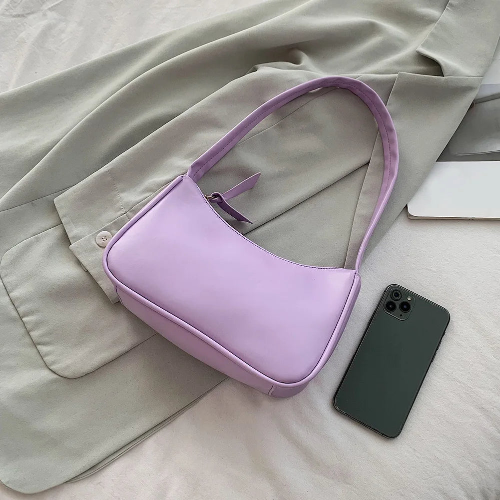 Retro Soft PU Leather Women Shoulder Underarm Bags Casual Solid Color Small Top-Handle Handbags Ladies Fashion Shoulder Bags