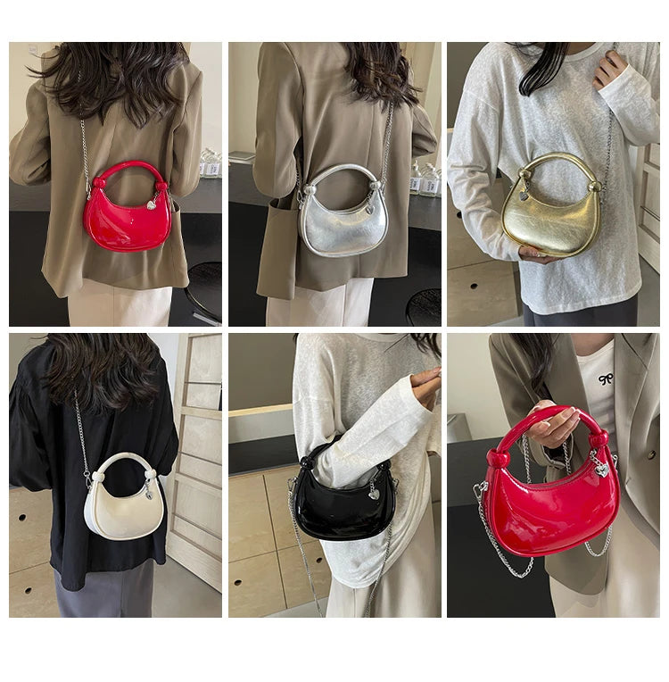 Red Patent Leather Handheld Bag For Women New Spring Autumn Chain Crossbody Bag Fashion Versatile Love Zipper Shoulder Small Bag