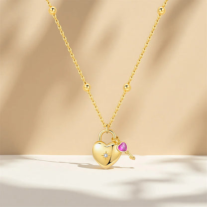 PANPOKI 925 Sterling Silver 18K Gold Heart-shaped Lock Key Necklace Pendant Necklace for Women Birthday Gifts Wedding Jewelry