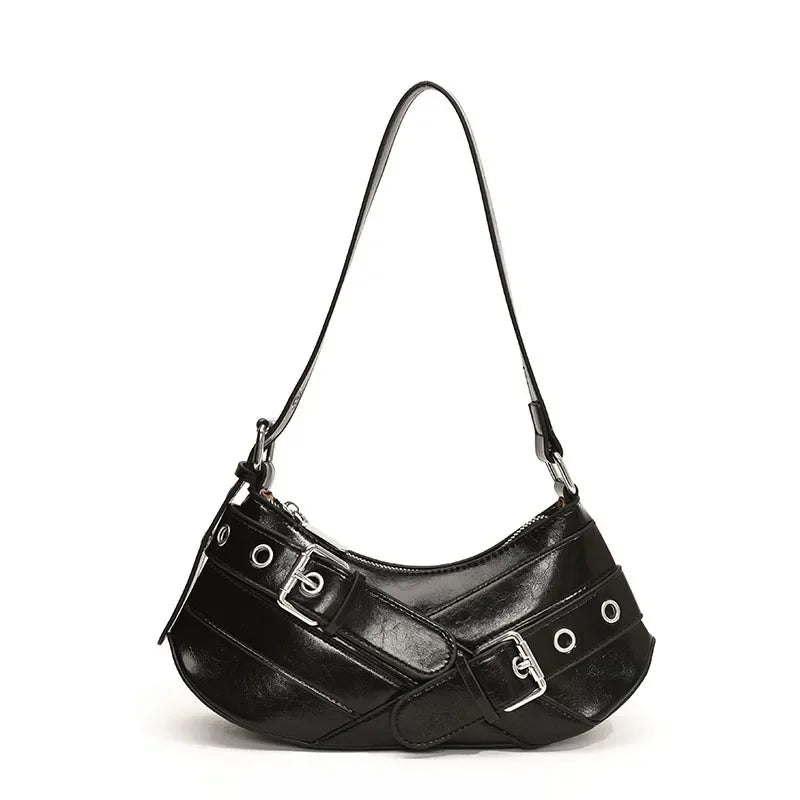 Red Vintage Shoulder Bag Y2K Belt Design PU Leather Underarm Bags for Women Trend Hot Cool Girl Crossbody Bag Punk Style Handbag