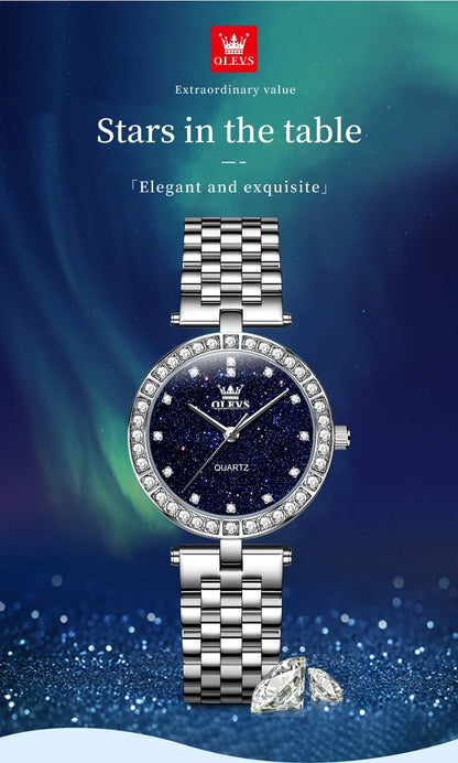 OLEVS 3641 Womens Watch Elegant Simple Quartz Watch Zircon Scale Waterproof Luminous Starry Dial Ladies Watch Gifts Original