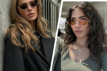 Two women wearing sunglasses with text on fashion, exaggerated frames, 100% UV protection, and uniqueness.