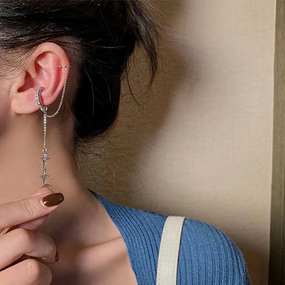 Shiny Silver Color Crystal Tassel Non-Piercing Cuff Ear Clip Earring For Women Rhinestone Star Fake Cartilage Piercing Jewelry