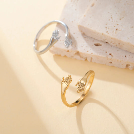 EUEAVAN 1pc Vintage Stainless Steel Hug Hands Ring for Women Adjustable Finger Rings Lover Friend Party Jewelry Gifts