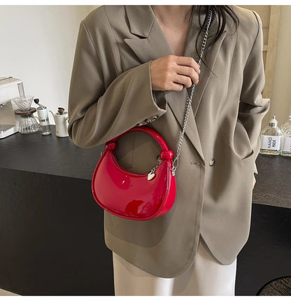 Red Patent Leather Handheld Bag For Women New Spring Autumn Chain Crossbody Bag Fashion Versatile Love Zipper Shoulder Small Bag
