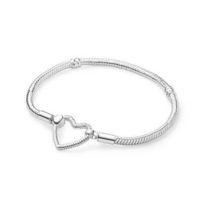 Original 925 Sterling Silver Bracelets Bangles Love Heart Clip Charms Beads Snake Chains For Women Rose Gold DIY Luxury Jewelry