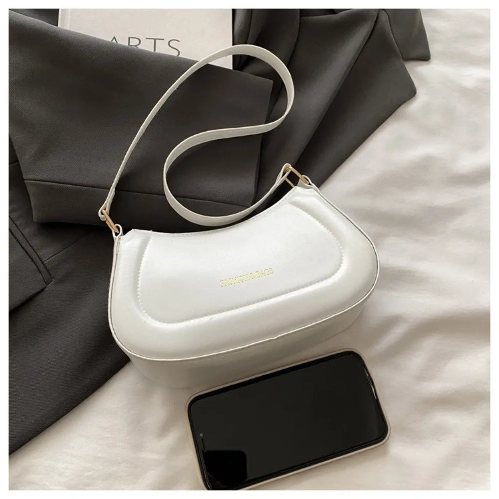 New PU Leather Shoulder Bag Large Capacity Moon-shaped Underarm Bag Solid Color Tote Handbag Women