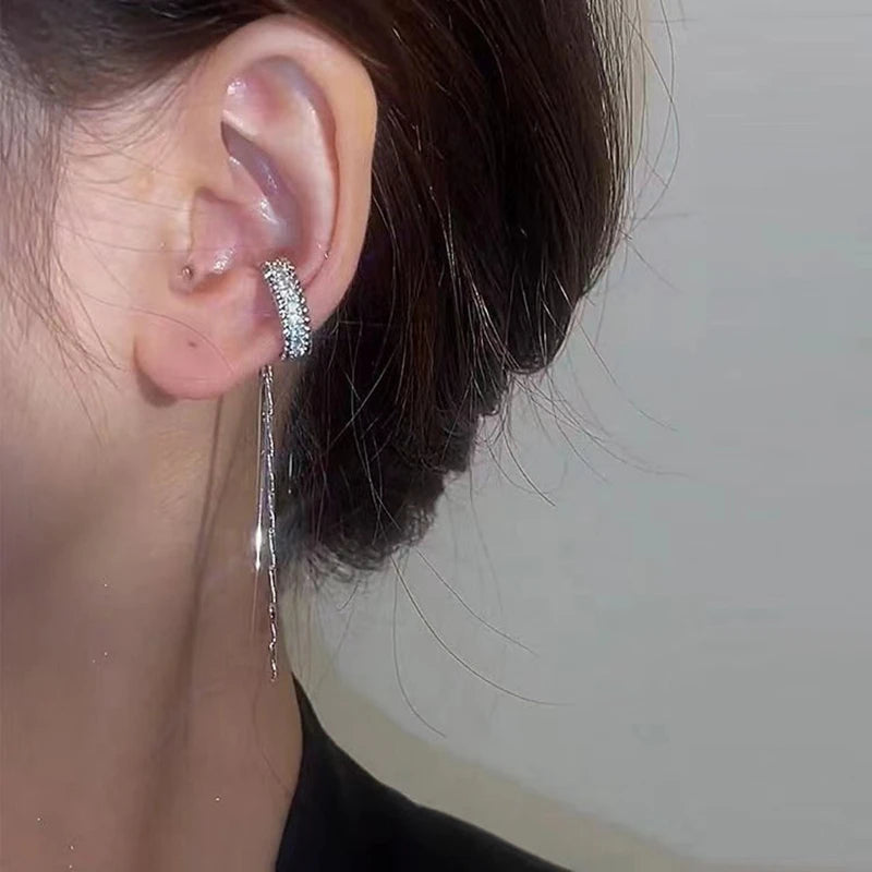 Silver Color Crystal Tassel Non-Piercing Cuff Ear Clip Earring For Women Shiny Rhinestone Chain Fake Cartilage Piercing Jewelry