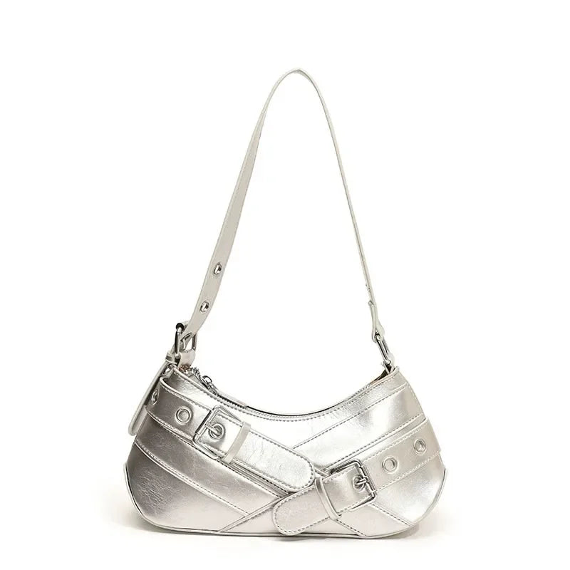Red Vintage Shoulder Bag Y2K Belt Design PU Leather Underarm Bags for Women Trend Hot Cool Girl Crossbody Bag Punk Style Handbag