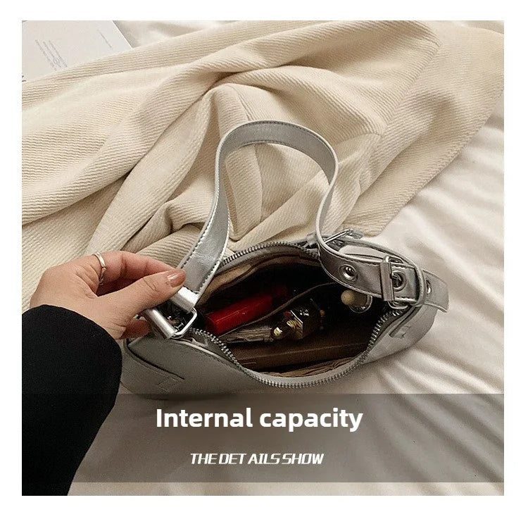 Red Vintage Shoulder Bag Y2K Belt Design PU Leather Underarm Bags for Women Trend Hot Cool Girl Crossbody Bag Punk Style Handbag