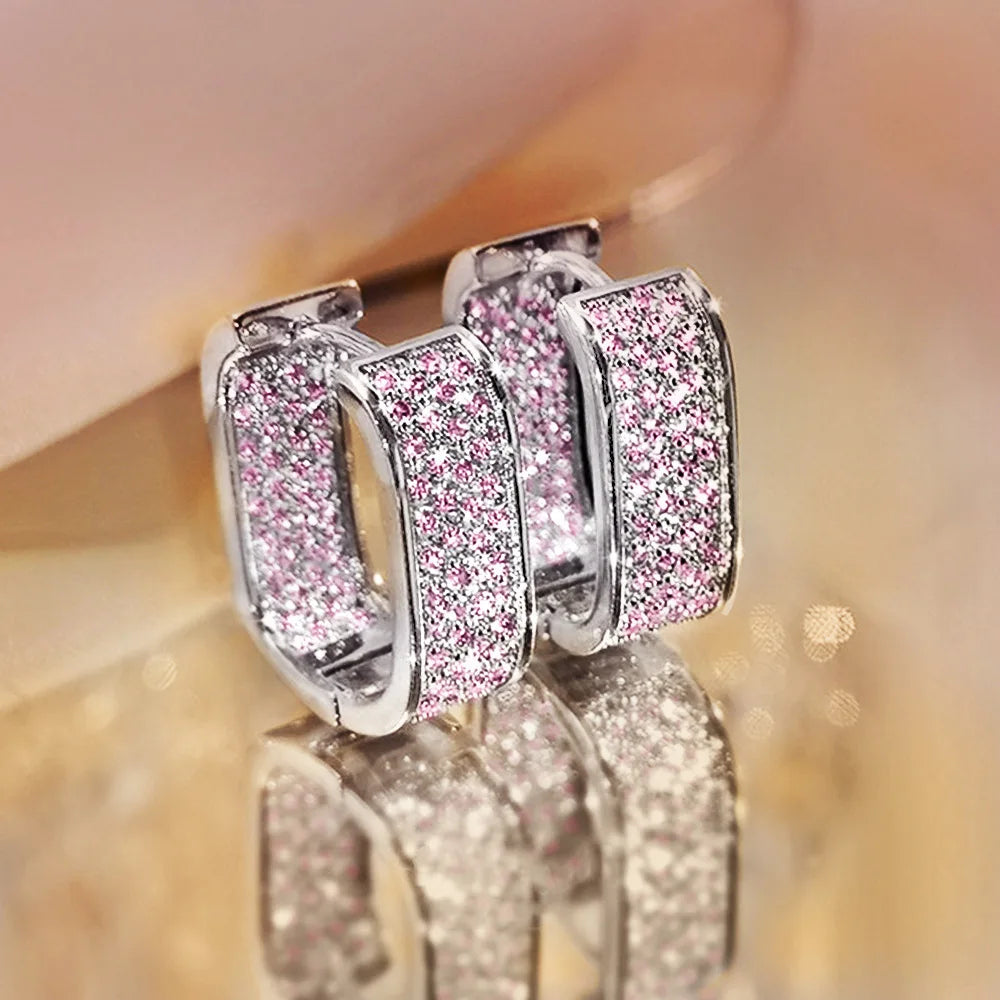 Luxury Full of Zircon Shiny Geometric Square Hoop Earrings for Women Temperament Gold Color Stainless Steel Korea Jewelry Gift