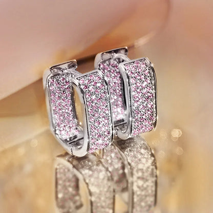 Luxury Full of Zircon Shiny Geometric Square Hoop Earrings for Women Temperament Gold Color Stainless Steel Korea Jewelry Gift