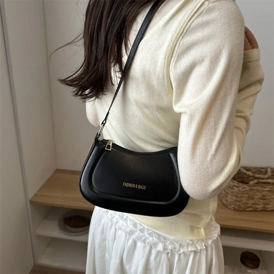 New PU Leather Shoulder Bag Large Capacity Moon-shaped Underarm Bag Solid Color Tote Handbag Women