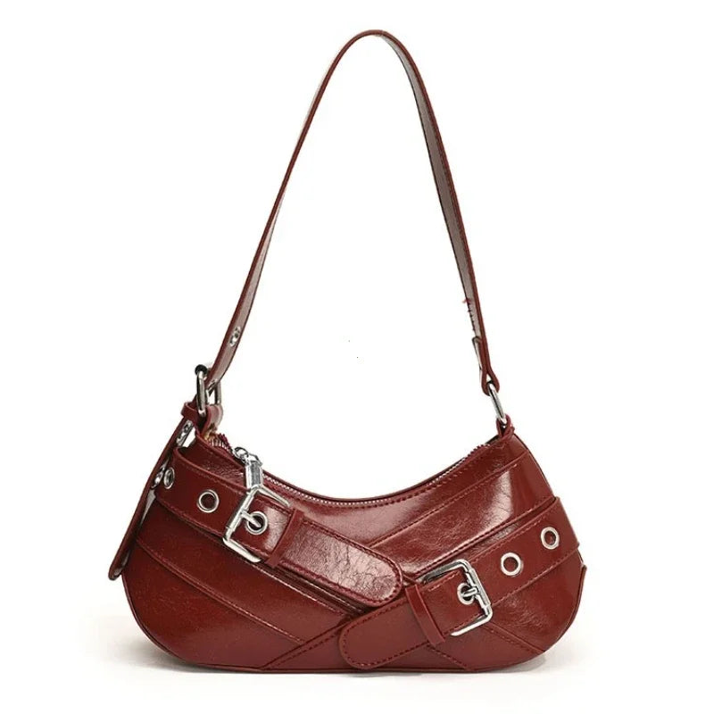 Red Vintage Shoulder Bag Y2K Belt Design PU Leather Underarm Bags for Women Trend Hot Cool Girl Crossbody Bag Punk Style Handbag