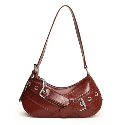 Red Vintage Shoulder Bag Y2K Belt Design PU Leather Underarm Bags for Women Trend Hot Cool Girl Crossbody Bag Punk Style Handbag