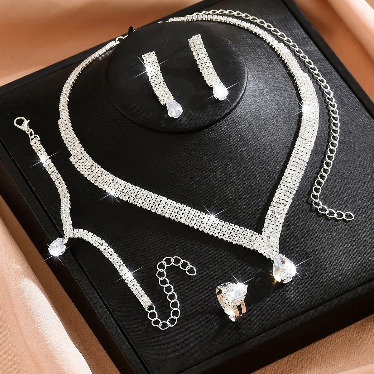 5PC exquisite new super sparkling necklace earrings bracelet ring complete set of bridal dress banquet party accessories